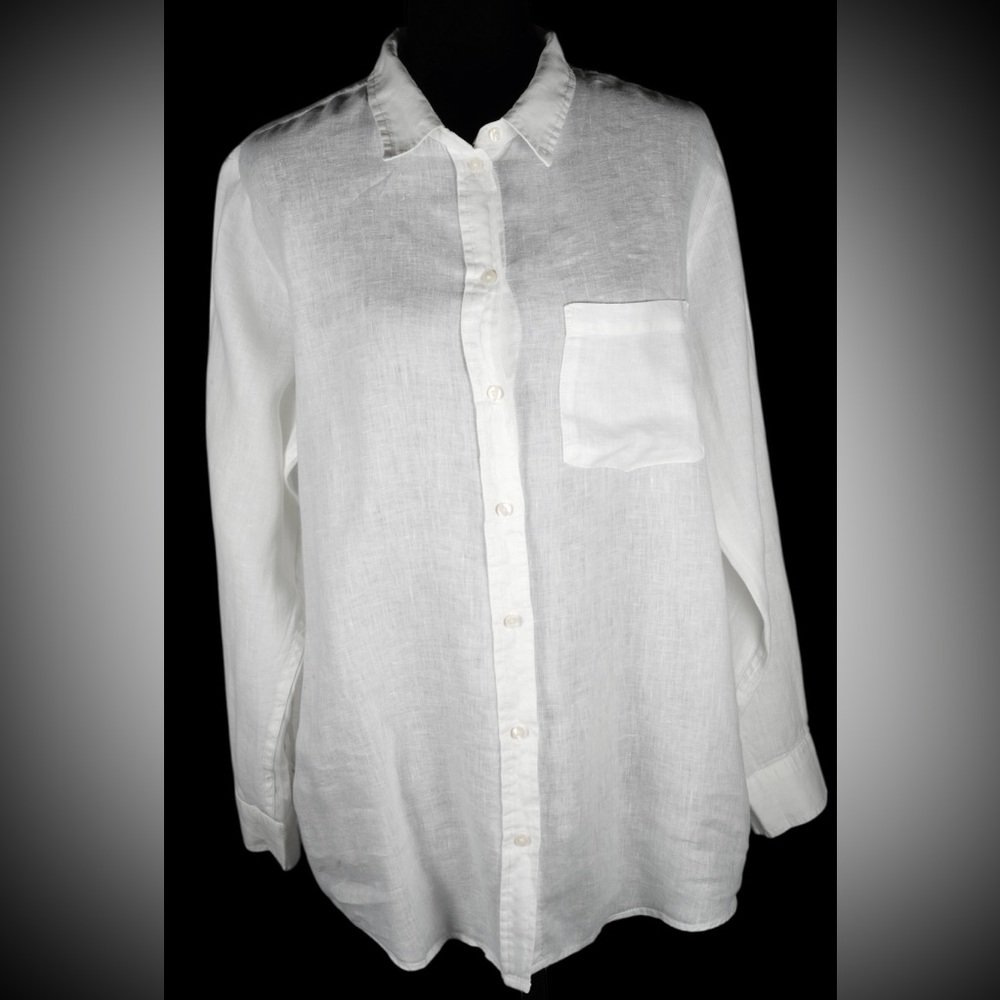 GAP Women’s L Optic White 100% Linen Boyfriend Button Front Shirt Long Sleeve - Picture 3 of 17